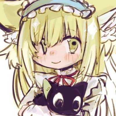 1girl animal arknights bad_link black_cat blonde_hair blue_hairband blush cat closed_mouth crossover frilled_hairband frills green_eyes hairband holding holding_animal looking_at_viewer lowres luo_xiaohei luo_xiaohei_(cat) luo_xiaohei_zhanji suzuran_(arknights) usa_(cani_wan)