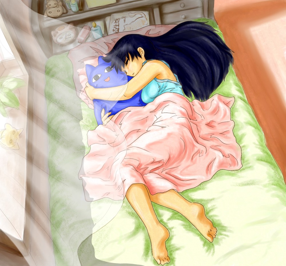 1girl alarm_clock azumanga_daioh bare_shoulders barefoot bed bedroom black_hair blanket blue_tank_top breasts chunpai clock closed_eyes commentary curled_up curtains drawer feet from_above full_body hair_spread_out hugging_object long_hair lying medium_breasts mihama_chiyo's_father nekokoneko on_bed on_side pillow plant potted_plant sakaki_(azumanga_daioh) sleeping sleeveless soles solo stuffed_animal stuffed_cat stuffed_toy tank_top toes very_long_hair wind window windowsill