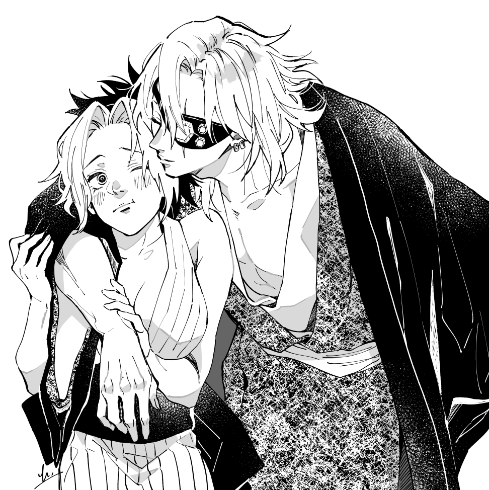 1boy 1girl and_rira arm_around_neck breasts closed_eyes couple cowboy_shot crystal earrings eyepatch greyscale hands_on_another's_arm haori hetero husband_and_wife imminent_kiss japanese_clothes jewelry kimetsu_no_yaiba kimono large_breasts leaning_on_person long_sleeves looking_at_another makio_(kimetsu_no_yaiba) monochrome multicolored_hair obi one_eye_closed one_eye_covered pectorals sash short_hair sleeveless sleeveless_kimono smile two-tone_hair uzui_tengen