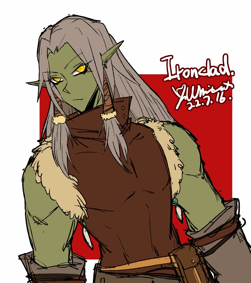 artist_name character_name colored_skin dated ear_piercing green_skin grey_hair hair_tubes long_hair male_focus piercing pointy_ears pouch slay_the_spire solo the_ironclad toned toned_male upper_body whitose yellow_eyes