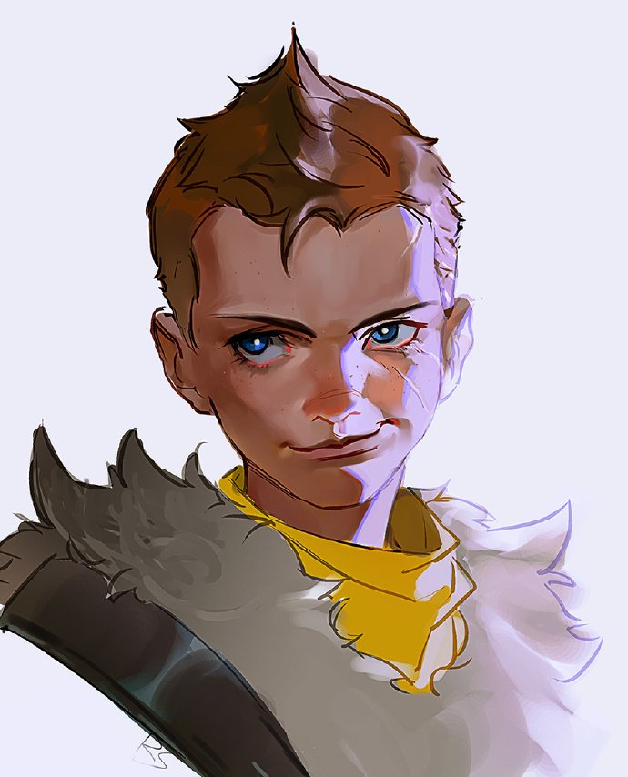 1boy armor atreus blue_eyes brown_hair closed_mouth eyelashes fur-trimmed_armor fur_trim god_of_war looking_at_viewer male_focus portrait redsakaone shirt short_hair sidelighting smile solo white_background yellow_shirt