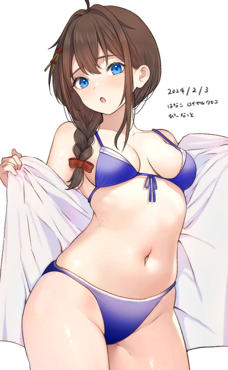 1girl ahoge alternate_costume bikini blue_bikini blue_eyes braid breasts brown_hair cowboy_shot dated front-tie_bikini_top front-tie_top hair_between_eyes hair_ornament hanako_(peanut) hashtag_only_commentary highres kantai_collection looking_at_viewer medium_breasts navel open_clothes open_mouth open_shirt shigure_(kancolle) shirt simple_background single_braid solo stomach swimsuit upper_body white_background white_shirt
