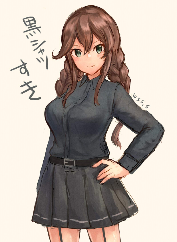 1girl bangs beige_background black_skirt braid brown_hair commentary_request cowboy_shot dress_shirt garter_straps green_eyes hand_on_hip kantai_collection looking_at_viewer noshiro_(kantai_collection) pleated_skirt remodel_(kantai_collection) shirt simple_background skirt solo standing swept_bangs translation_request twin_braids wss_(nicoseiga19993411)