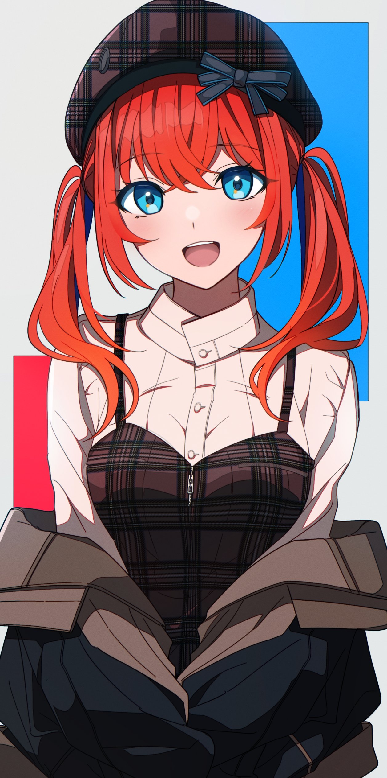 1girl absurdres beret blue_eyes blush bow buttons collared_shirt commentary hair_between_eyes hat highres jacket jacket_partially_removed kazenoko long_sleeves looking_at_viewer multicolored_hair open_mouth original plaid red_hair shirt smile solo streaked_hair teeth twintails two-tone_hair upper_body upper_teeth_only zipper
