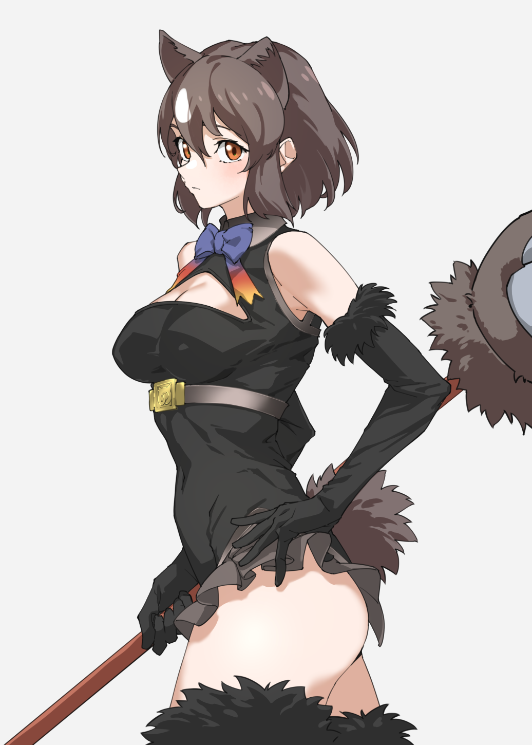 1girl animal_ears bare_shoulders bear_ears bear_girl bear_tail black_fur black_gloves black_shirt blue_bow blue_bowtie blush bow bowtie breasts brown_bear_(kemono_friends) brown_hair brown_skirt brown_thighhighs cleavage_cutout clothing_cutout collared_shirt commentary cosplay cowboy_shot elbow_gloves extra_ears from_side fur_trim gloves grey_background hair_between_eyes highres higumamon_(kemono_friends) higumamon_(kemono_friends)_(cosplay) japari_symbol kemono_friends large_breasts looking_at_viewer orange_eyes paw_stick pleated_skirt red_bow red_bowtie shirt short_hair showgirl_skirt sidelocks simple_background skirt solo tail tanabe_(fueisei) thighhighs white_hair zettai_ryouiki