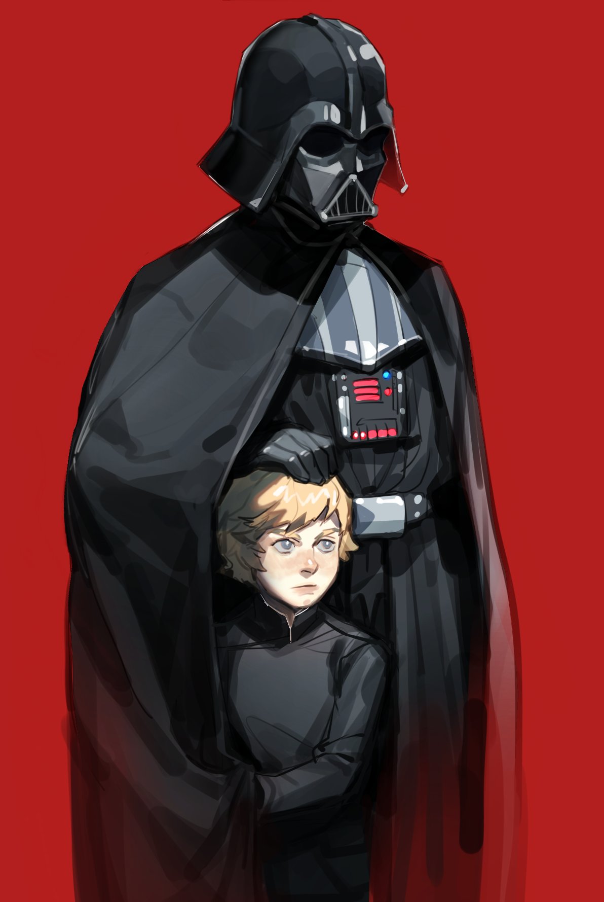 2boys armor belt black_cape black_gloves blonde_hair blush btraven cape darth_vader father_and_son gloves helmet highres luke_skywalker multiple_boys nose_blush red_background simple_background standing star_wars star_wars:_return_of_the_jedi