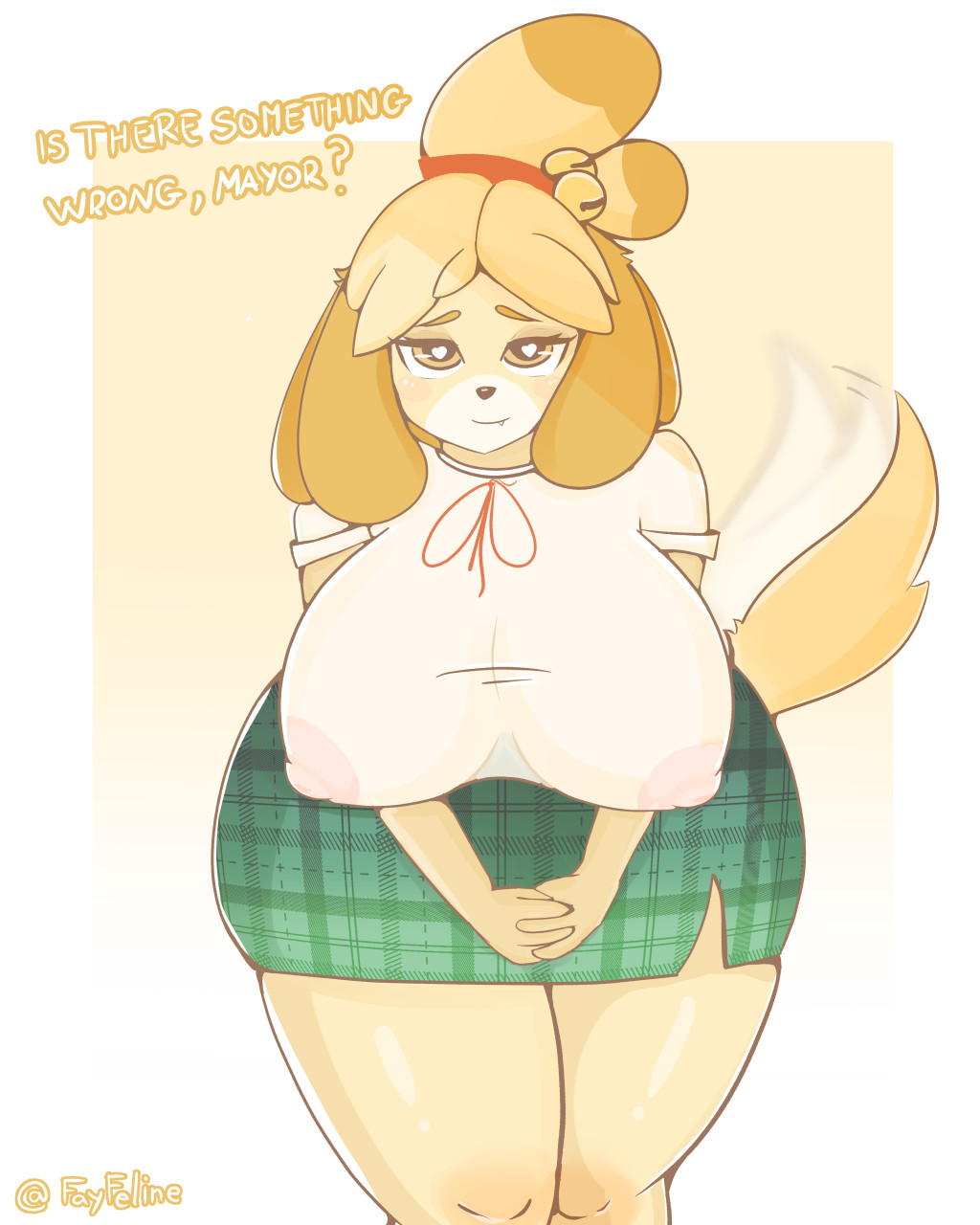 &lt;3 &lt;3_eyes 4:5 animal_crossing anthro big_breasts blush breasts brown_eyes canid canine canis clothed clothing dialogue domestic_dog english_text fay_feline female front_view fur hair half-closed_eyes hand_holding hand_on_hand hi_res huge_breasts huge_thighs isabelle_(animal_crossing) looking_at_viewer mammal narrowed_eyes nintendo nipple_outline nipples shih_tzu shirt smile solo tailwag teeth text thick_thighs topwear toy_dog translucent translucent_clothing translucent_shirt translucent_topwear video_games wide_hips yellow_body yellow_fur