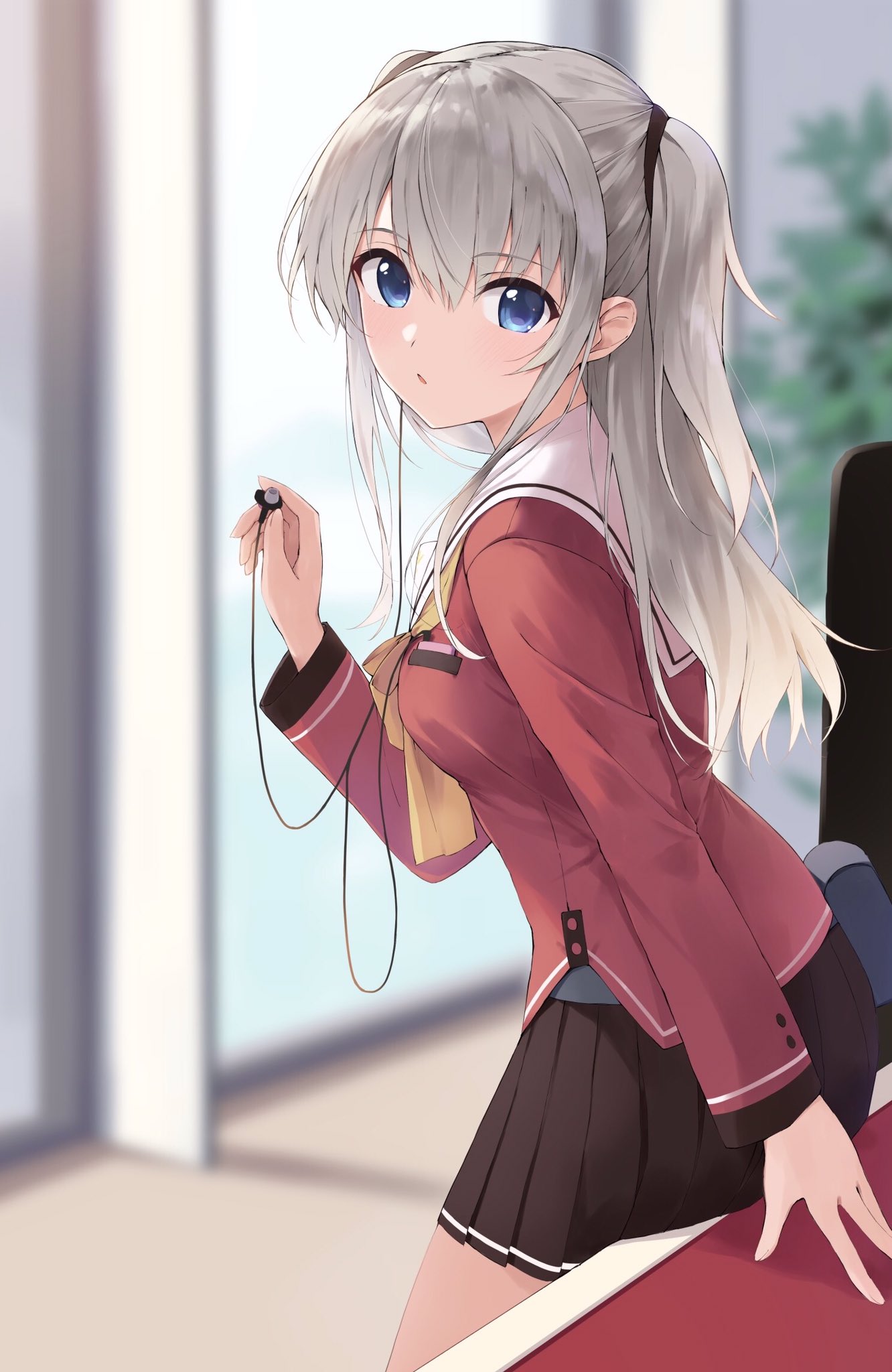 1girl arm_at_side blue_eyes blurry blurry_background blush bow breasts brown_skirt charlotte_(anime) commentary cowboy_shot earphones from_side grey_hair hair_between_eyes hand_up highres holding holding_earphones hoshinoumi_academy_school_uniform indoors long_hair long_sleeves looking_at_viewer medium_breasts miniskirt parted_lips pleated_skirt red_shirt sailor_collar school_uniform serafuku shirt sidelocks single_earphone_removed skirt solo tomori_nao two_side_up white_sailor_collar yanagi_marie yellow_bow