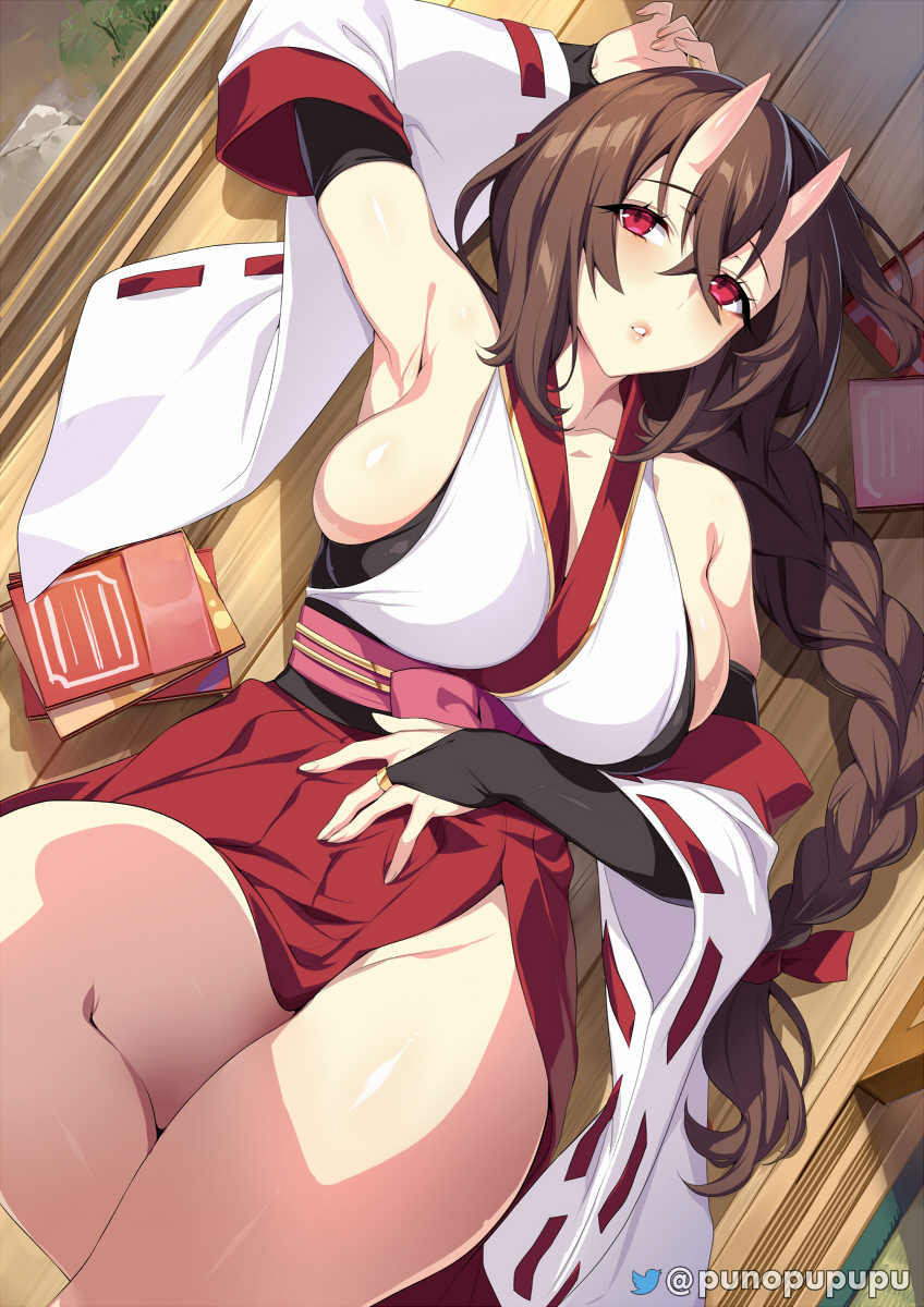 1girl armpits bare_shoulders blush braid braided_ponytail breasts bridal_gauntlets brown_hair crossed_bangs detached_sleeves hair_between_eyes highres japanese_clothes large_breasts long_hair long_sleeves lying nontraditional_miko on_back oni original parted_lips puuzaki_puuna red_eyes red_skirt sideboob skirt solo thighs twitter_username white_sleeves