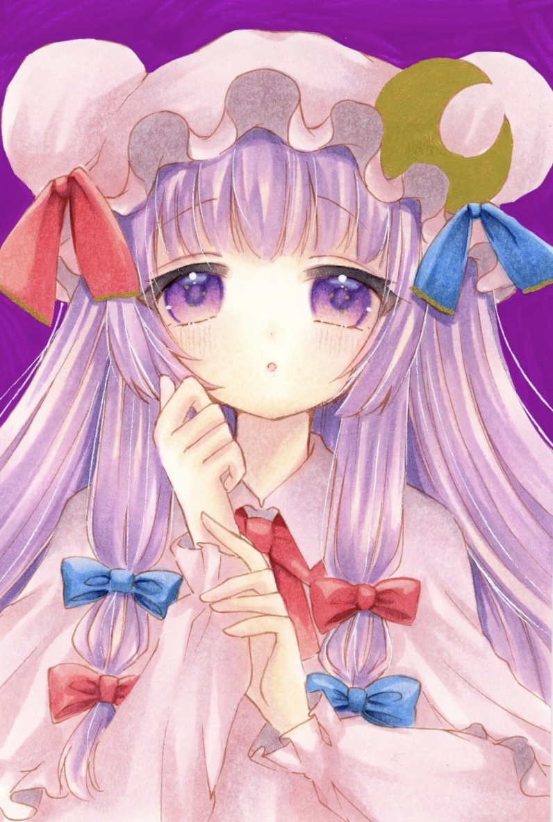 1girl blue_bow bow bowtie collar collared_dress commentary_request crescent crescent_hat_ornament dress hair_bow hat hat_ornament light_blush long_hair long_sleeves looking_at_viewer marker_(medium) mob_cap open_mouth patchouli_knowledge purple_background purple_eyes purple_hair red_bow red_bowtie solo touhou traditional_media yuuki_hana_(jtnp5334)