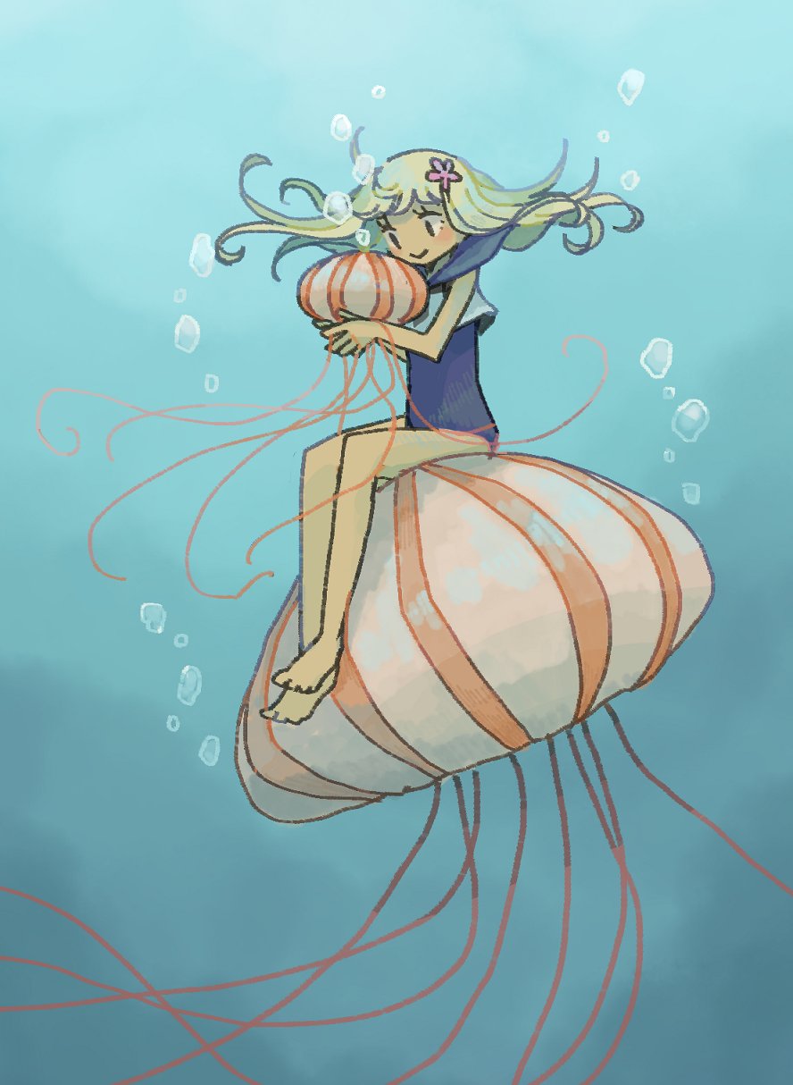 1girl :&gt; air_bubble animal black_eyes blonde_hair blue_background blue_one-piece_swimsuit blue_sailor_collar bubble closed_mouth cropped_shirt floating_hair flower full_body gradient_background hair_flower hair_ornament highres holding holding_animal jellyfish light_blush long_hair looking_at_animal one-piece_swimsuit original pink_flower sachilko_(motiko) sailor_collar shirt sitting sitting_on_animal sleeveless sleeveless_shirt smile solo swimsuit tan tentacles underwater white_shirt