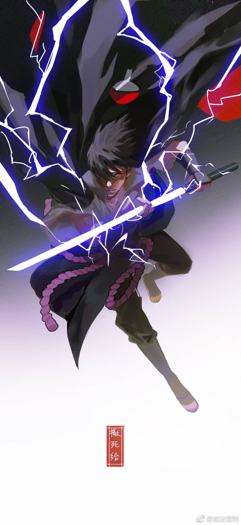 1boy black_hair closed_mouth collarbone commentary electricity full_body gradient_background hair_over_one_eye highres holding holding_sword holding_weapon looking_to_the_side male_focus naruto_(series) red_eyes redsakaone short_hair solo sword toeless_footwear translation_request uchiha_sasuke weapon