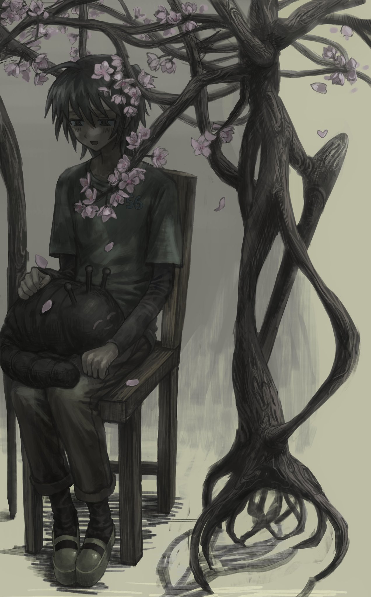 1boy brown_hair brown_pants brown_sleeves chair cherry_blossoms creature dark_skin green_shirt highres on_chair on_lap original pants pet shirt sitting smile tree wooden_chair yuutsu_(umrs8555)