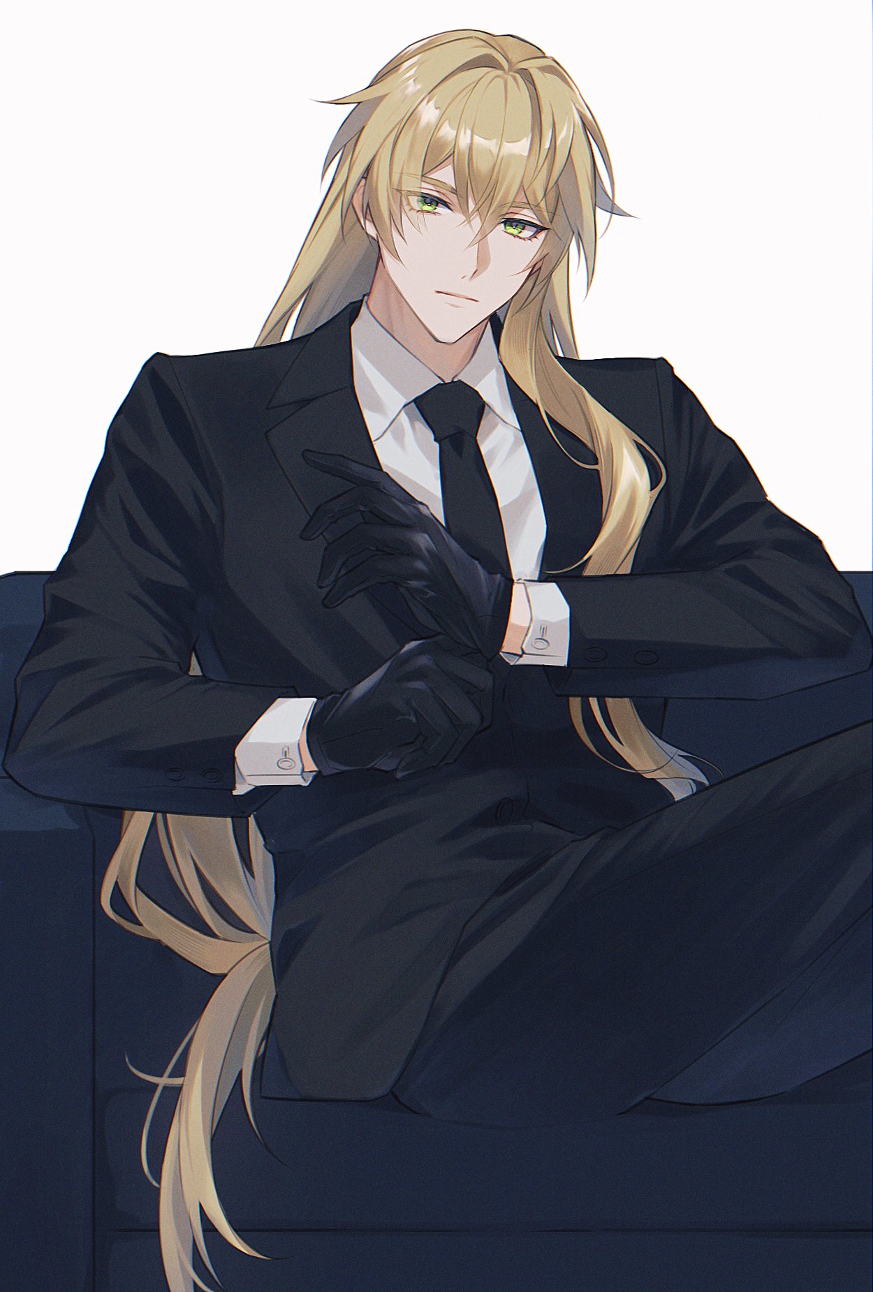1boy armchair black_gloves black_jacket black_necktie black_pants blonde_hair chair closed_mouth collared_shirt commentary_request crossed_legs dress_shirt expressionless glove_pull gloves green_eyes hair_between_eyes hair_intakes hair_over_shoulder highres honkai:_star_rail honkai_(series) jacket lapels long_hair long_sleeves looking_at_viewer low-tied_long_hair luocha_(honkai:_star_rail) male_focus necktie on_chair pants shirt sidelocks simple_background sitting solo suit very_long_hair white_background white_shirt wing_collar ydm_sushi