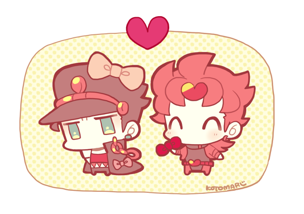 2boys ^_^ belt bow buckle chain chibi chibi_only closed_eyes coat_bow dio_brando earrings full_body hair_bow happy hat heart heart-shaped_buckle holding holding_bow_(ornament) jewelry jojo_no_kimyou_na_bouken kotorai kujo_jotaro limited_palette male_focus multiple_boys no_mouth no_nose short_hair sideburns signature standing yaoi
