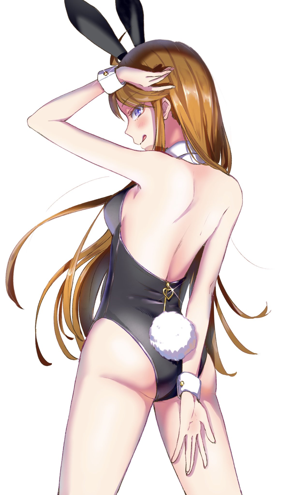 1girl :q alternate_costume animal_ears arm_behind_back arm_behind_head ass bare_arms bare_back bare_legs black_leotard blunt_ends blush breasts brown_hair buttons closed_mouth commentary_request cowboy_shot eyelashes fake_animal_ears fake_tail fingernails from_behind gleam heart highres idolmaster idolmaster_million_live! leotard long_hair looking_at_viewer looking_back playboy_bunny purple_eyes rabbit_ears rabbit_tail shadow shoulder_blades sideboob simple_background smile solo spotlight tail tokoro_megumi tongue tongue_out white_background white_wrist_cuffs witoi_(roa) wrist_cuffs zipper zipper_pull_tab
