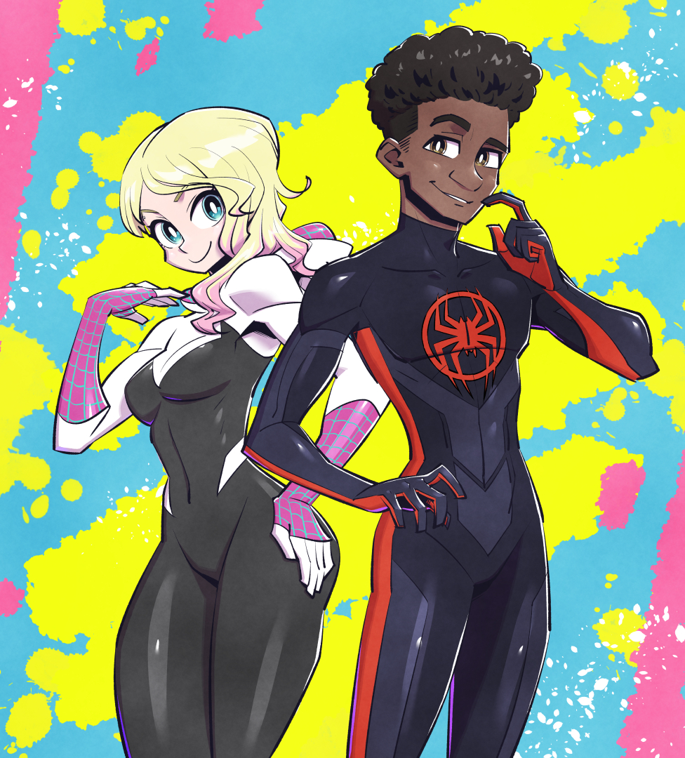 1boy 1girl abstract_background afro animal_print black_hair blonde_hair blue_eyes bodysuit bright_pupils brown_eyes covered_navel dark-skinned_male dark_skin gradient_hair gwen_stacy hand_on_own_hip hand_up hood hood_down looking_at_viewer marvel miles_morales multicolored_background multicolored_hair pink_hair scratching_cheek smile spider-gwen spider-man:_across_the_spider-verse spider-man_(miles_morales) spider-man_(series) spider-verse spider_print spider_web_print sunafuki_tabito superhero_costume two-sided_fabric