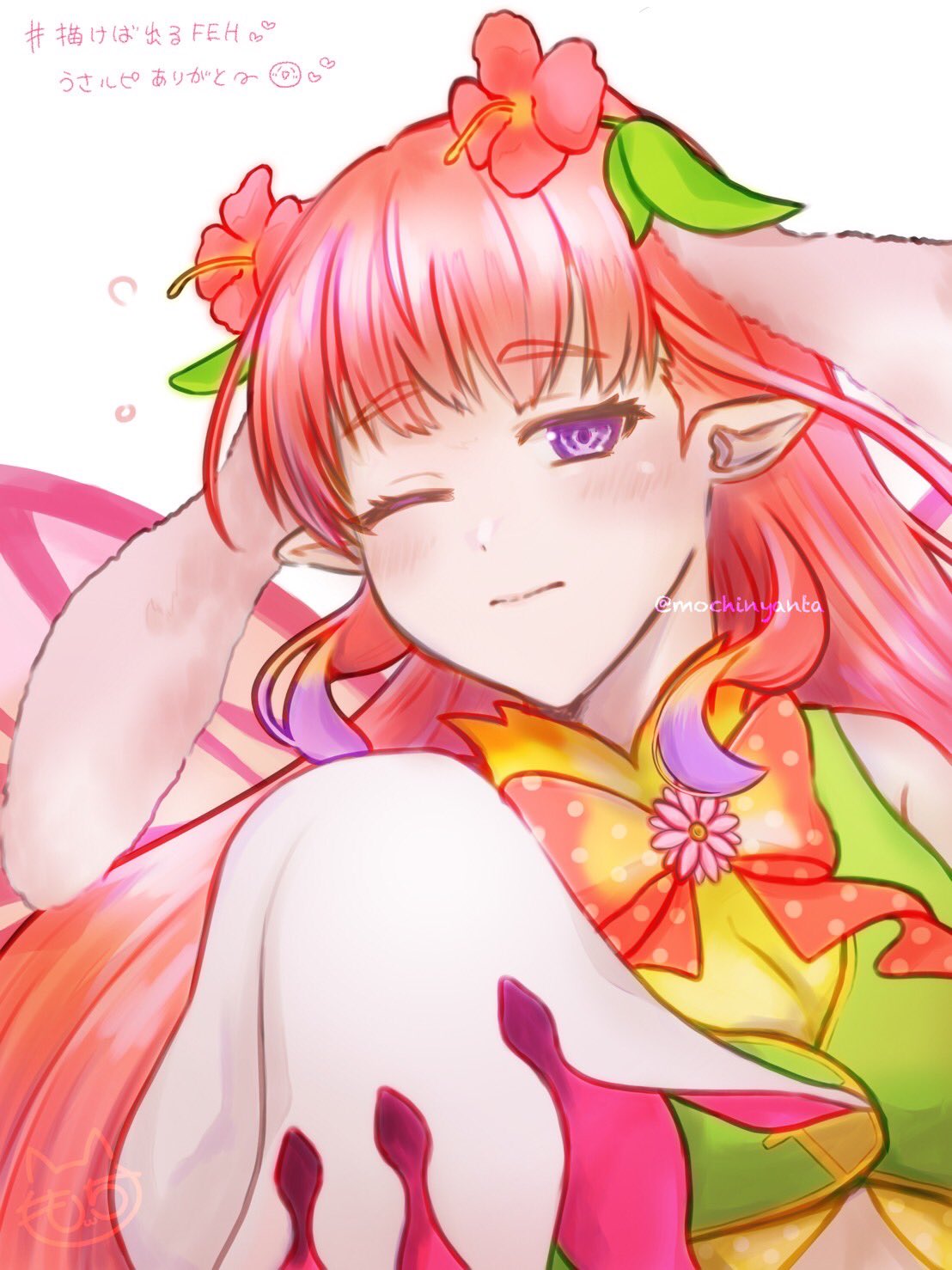 animal_ears fairy fairy_wings fake_animal_ears fire_emblem fire_emblem_heroes flower hair_flower hair_ornament highres mirabilis_(fire_emblem) mirabilis_(spring)_(fire_emblem) mochinyanta official_alternate_costume pointy_ears purple_eyes rabbit rabbit_ears sleeves_past_fingers sleeves_past_wrists very_long_sleeves wings