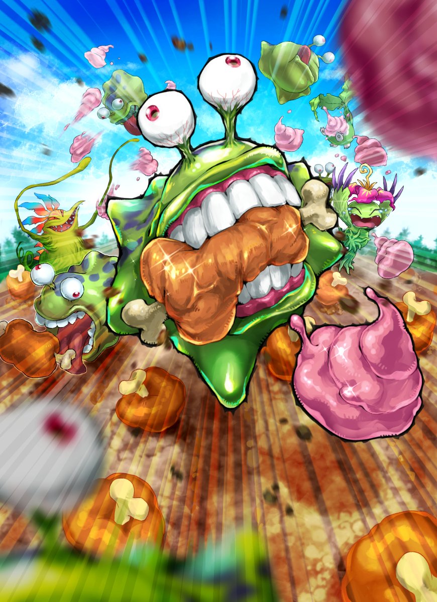 blue_sky cloud day digimon digimon_(creature) eating flower food highres meat no_humans numemon oden_(odenzzi) open_mouth outdoors palmon petals sharp_teeth sky teeth tongue tongue_out vegimon