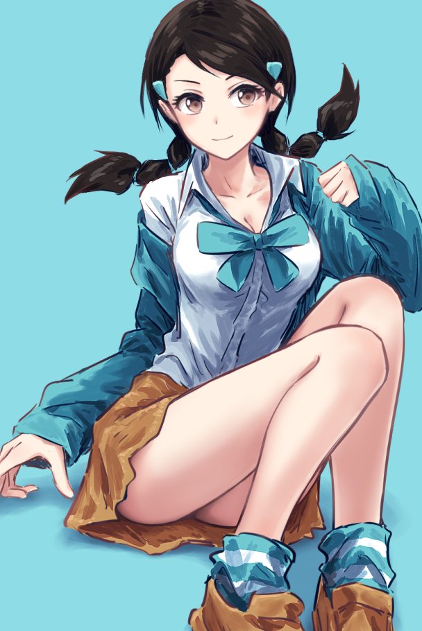 1girl alternate_costume aqua_bow aqua_jacket aqua_ribbon bare_legs black_hair blue_socks bow bowtie breasts brown_eyes brown_footwear brown_skirt candice_(pokemon) cleavage closed_mouth collarbone collared_shirt commentary_request furukawa_wanosuke hair_ornament jacket light_blue_background loafers long_hair long_sleeves looking_to_the_side loose_socks medium_breasts miniskirt multi-tied_hair neck_ribbon on_floor open_clothes open_jacket pokemon pokemon_dppt ribbon shirt shoes sitting skirt sleeves_past_wrists socks solo twintails white_shirt