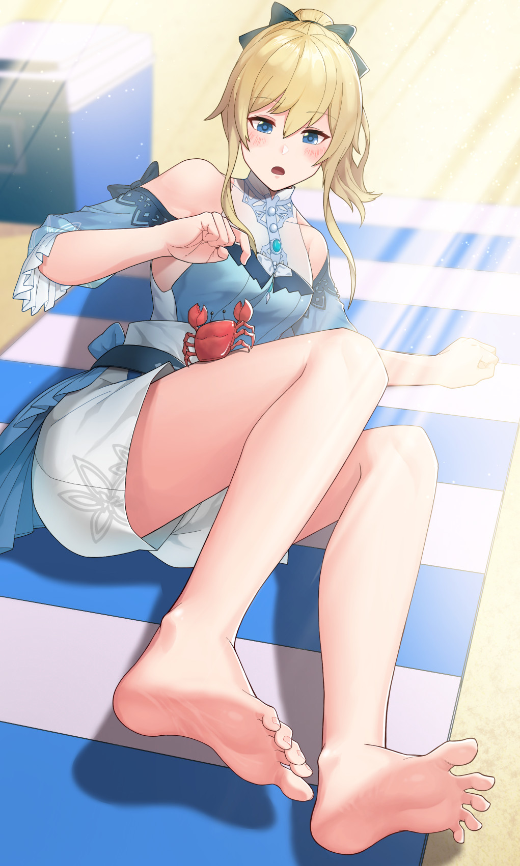 1girl arka91 arm_support bare_legs bare_shoulders barefoot beach beach_towel blonde_hair blue_eyes blue_shirt blurry blurry_background blush bow breasts collarbone commentary_request crab day detached_sleeves feet foreshortening full_body genshin_impact hair_between_eyes hair_bow high-waist_shorts highres jean_(genshin_impact) jean_(sea_breeze_dandelion)_(genshin_impact) korean_commentary legs long_hair medium_breasts official_alternate_costume on_ground outdoors ponytail shirt short_shorts shorts sidelocks soles solo spread_toes toenails toes towel white_shorts