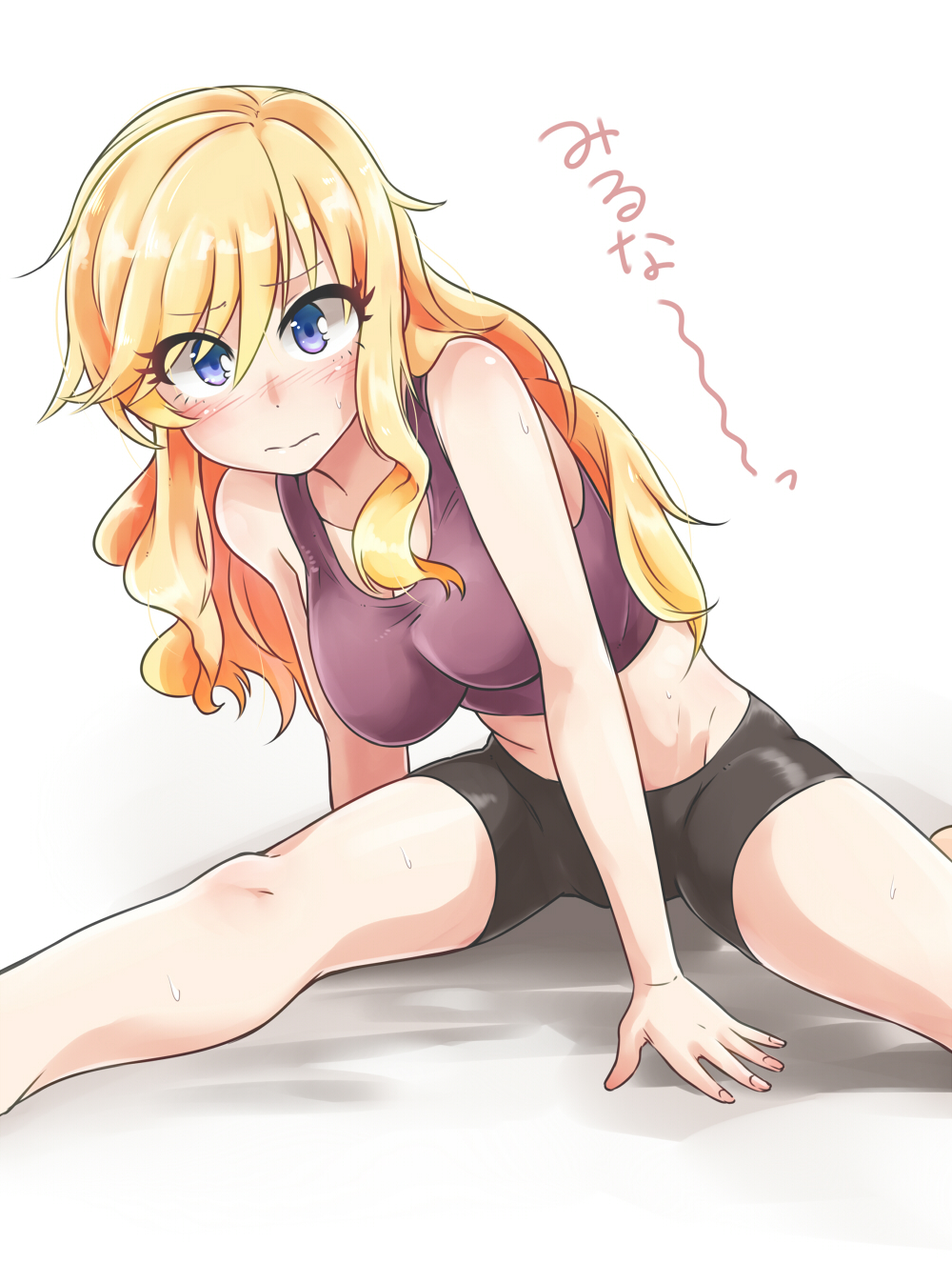 1girl arm_support bare_shoulders bike_shorts blonde_hair blue_eyes blush breasts cleavage closed_mouth collarbone crop_top cropped_shirt highres idolmaster idolmaster_cinderella_girls idolmaster_cinderella_girls_starlight_stage ishii_takuma large_breasts leaning_forward long_hair looking_at_viewer ohtsuki_yui purple_shirt shirt shy simple_background sleeveless sleeveless_shirt solo spread_legs sweat wavy_hair white_background