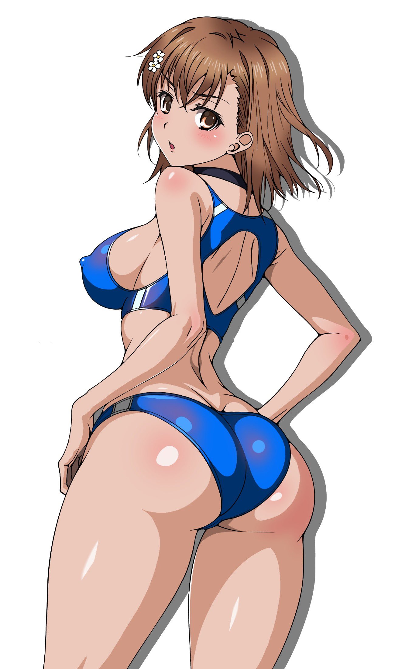 1girl ass blue_buruma blush breasts brown_eyes brown_hair buruma covered_nipples flower from_behind frozen_gingasan gym_uniform hair_ornament highres looking_at_viewer looking_back medium_breasts medium_hair misaka_mikoto shiny_skin solo sports_bikini standing toaru_kagaku_no_railgun toaru_majutsu_no_index track_uniform