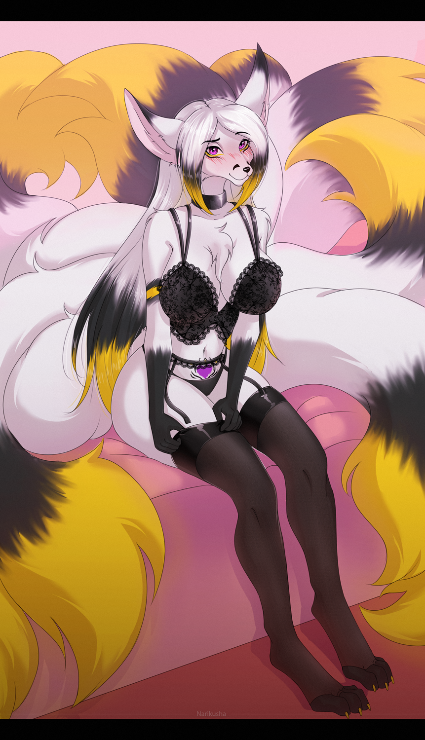 anthro belt big_breasts blush bottomwear breasts butt canid canine choker clothing digital_drawing_(artwork) digital_media_(artwork) feet female fox full-length_portrait fur hair hi_res huge_breasts jewelry lace latex legwear lingerie looking_at_viewer mammal markings narikusha necklace pants pawpads paws portrait shy simple_background sketch smile solo stockings tail tail_markings tattoo thigh_highs toes underwear white_body