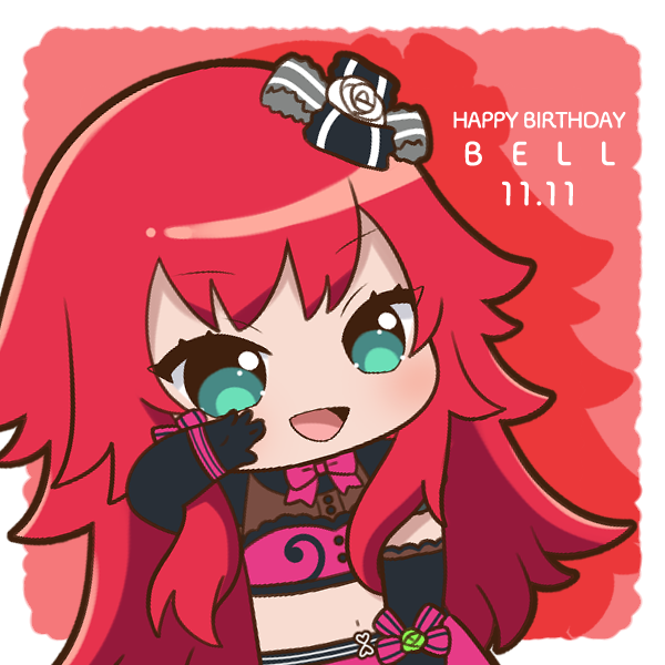 1girl :d black_gloves border character_name chibi chii_(chi_pppuri) commentary_request cowboy_shot crop_top elbow_gloves gloves green_eyes happy_birthday idol_clothes long_hair looking_at_viewer midriff open_mouth outside_border pink_ribbon pink_skirt pretty_rhythm pretty_rhythm_rainbow_live pretty_series red_background red_hair renjouji_beru ribbon skirt smile solo standing very_long_hair white_border