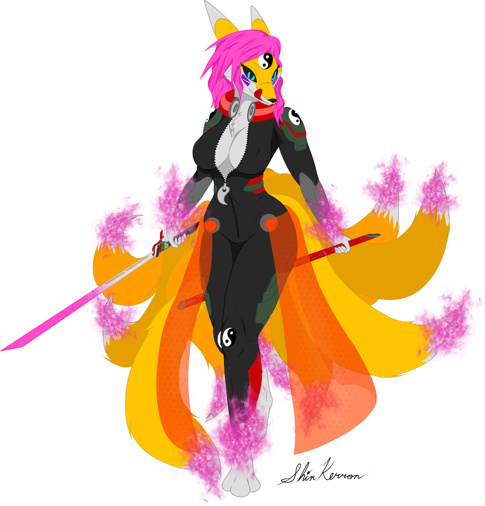 alpha_channel canid canine catsuit_(disambiguation) clothing digimon digimon_(species) fan_character female fox hair katana kyubimon mammal melee_weapon pink_hair renamon sketch sword tight_clothing weapon