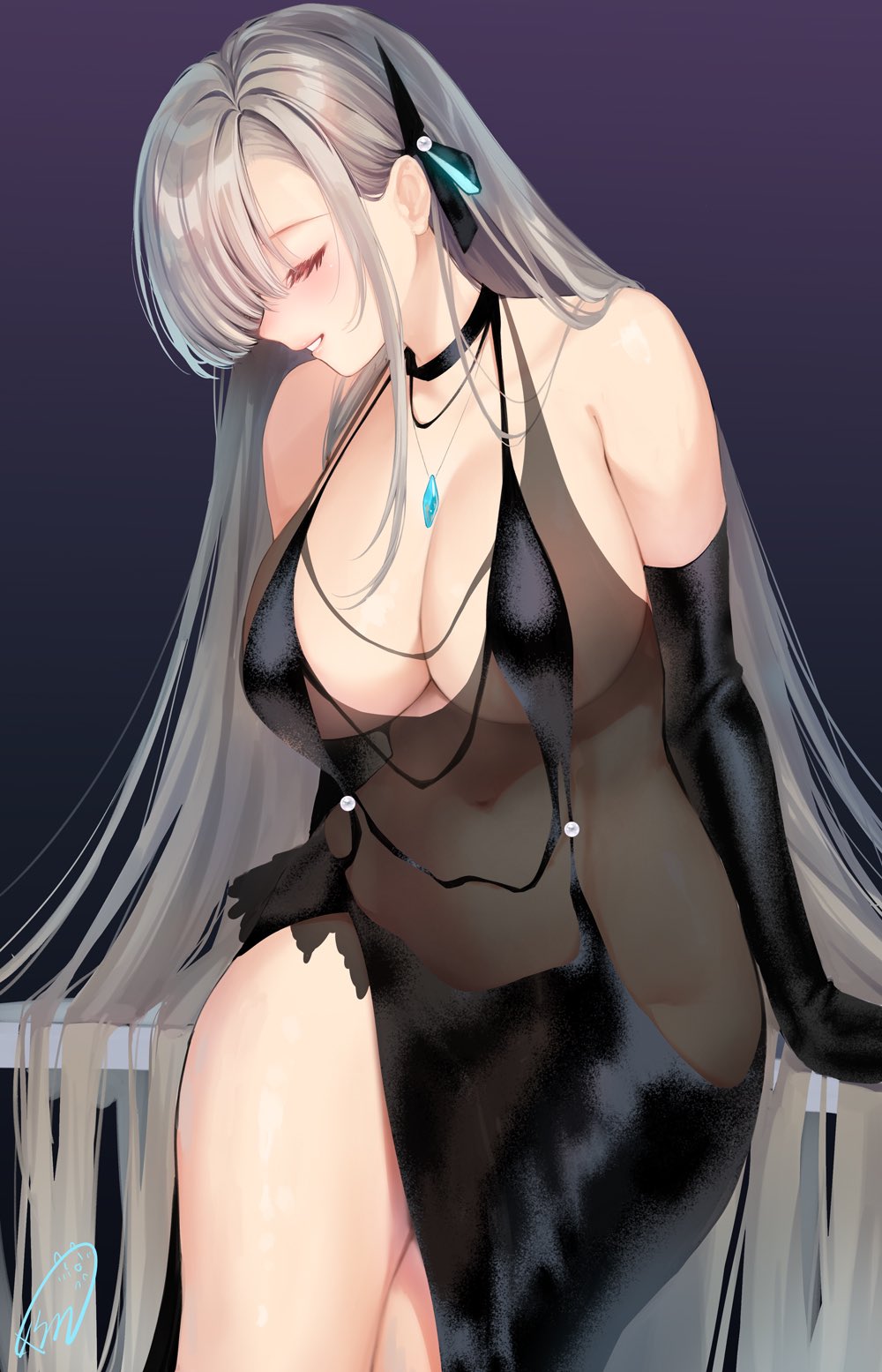 1girl alternate_costume artist_logo asuna_(blue_archive) bare_legs bare_shoulders black_dress black_gloves blonde_hair blue_archive blush breasts cleavage closed_eyes collarbone covered_navel dark_background dress elbow_gloves eyelashes gloves groin hair_behind_ear hair_ribbon halter_dress halterneck hands_on_table highres jewelry large_breasts layered_dress long_hair looking_down necklace obiwan plunging_neckline profile ribbon see-through see-through_dress_layer side_slit simple_background sitting sitting_on_table sleeveless sleeveless_dress smile solo table thick_thighs thighs very_long_hair weisuoxin wide_hips