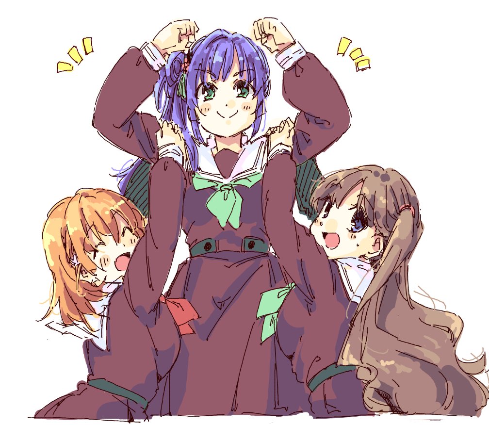 &gt;:) 3girls :d ^_^ aqua_neckerchief breasts brown_dress brown_hair clenched_hands closed_eyes cropped_torso double_biceps_pose dress emphasis_lines facing_viewer flexing flower fujishima_megumi green_eyes hair_bun hair_flower hair_ornament hands_on_another's_arm hasu_no_sora_school_uniform hinoshita_kaho large_breasts light_blush link!_like!_love_live! long_hair long_sleeves looking_at_viewer love_live! medium_breasts medium_hair multiple_girls neckerchief open_mouth orange_hair otomune_kozue pleated_dress purple_eyes purple_hair red_neckerchief sailor_collar sailor_dress school_uniform side_ahoge side_ponytail sidelocks simple_background single_side_bun small_sweatdrop smile takatsuki_tsukasa two_side_up upper_body v-shaped_eyebrows white_background white_sailor_collar winter_uniform
