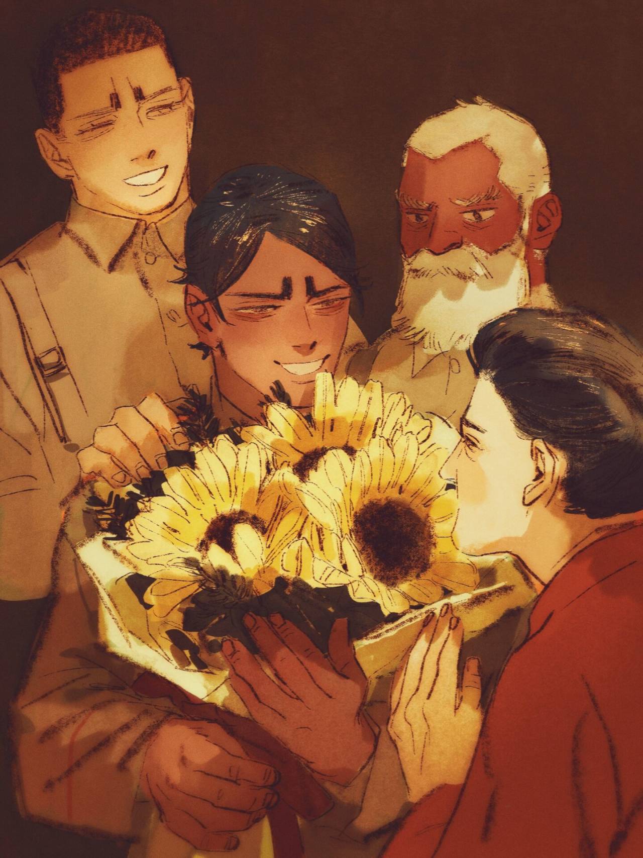 2girls 3boys beard black_hair bouquet brown_background brown_jacket chengongzi123 closed_eyes collared_jacket commentary dark-skinned_male dark_skin facial_hair family flower golden_kamuy grey_hair grin hand_on_another's_shoulder hands_up highres holding holding_bouquet jacket koito_heiji koito_heinojou koito_otonoshin koito_yuki long_sleeves looking_at_another multiple_boys multiple_girls mustache old old_man short_hair smile sunflower symbol-only_commentary upper_body very_short_hair yellow_flower