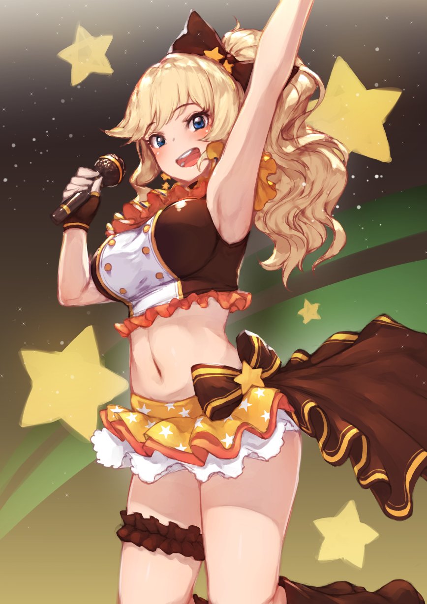 1girl arm_up armpits black_bow black_gloves black_ribbon blonde_hair blue_eyes blush boots bow breasts brown_footwear crop_top cropped_shirt dot_nose dress_bow fingerless_gloves frilled_shirt frills gloves gradient_background hair_bow hair_ornament hair_ribbon hand_up highres holding holding_microphone idolmaster idolmaster_cinderella_girls idolmaster_cinderella_girls_starlight_stage knee_boots large_breasts long_hair looking_at_viewer microphone miniskirt ohtsuki_yui open_mouth print_skirt pyz_(cath_x_tech) ribbon shirt skirt sleeveless sleeveless_shirt smile solo star_(symbol) star_hair_ornament star_print starry_background teeth thigh_strap two-tone_shirt wavy_hair yellow_skirt