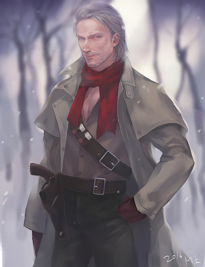 1boy artist_name bandolier bare_tree beard belt blue_eyes coat facial_hair gloves grey_hair hand_on_hip holster looking_at_viewer male_focus metal_gear_(series) metal_gear_solid_v mugikoma mustache realistic red_gloves revolver revolver_ocelot scarf smile snow solo tree