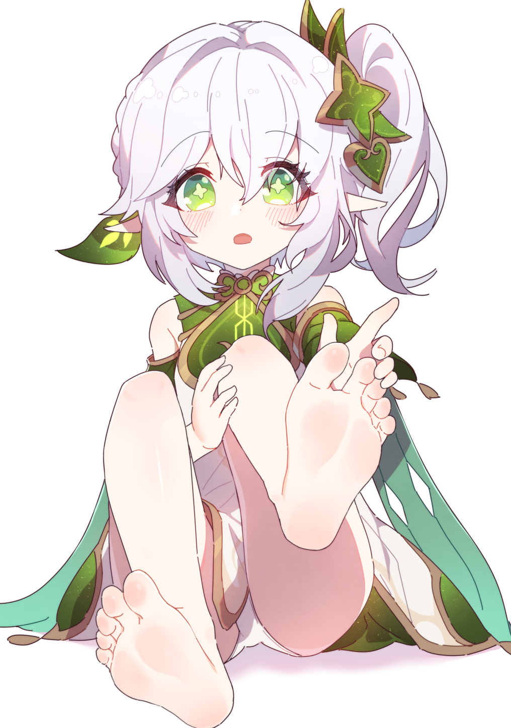 1girl arka91 bare_legs barefoot blush commentary_request detached_sleeves dress eyelashes feet foot_focus full_body genshin_impact gold_trim green_dress green_eyes grey_hair hair_between_eyes hair_intakes hair_ornament hand_on_own_foot hand_on_own_knee highres knees_up korean_commentary leaf_hair_ornament long_hair looking_at_viewer multicolored_clothes multicolored_dress nahida_(genshin_impact) one_side_up open_mouth pointy_ears shadow simple_background sitting sleeveless sleeveless_dress soles solo symbol-shaped_pupils toes white_background white_dress