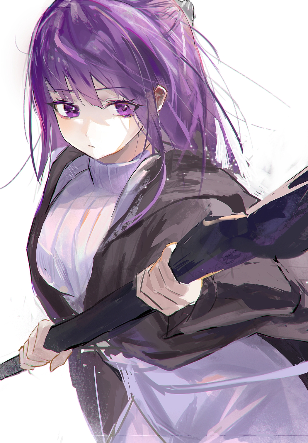 1girl black_coat closed_mouth coat commentary cowboy_shot dress expressionless fern_(sousou_no_frieren) hands_up highres holding holding_staff hood hood_down hooded_coat long_dress long_hair long_sleeves looking_at_viewer mage_staff nimiru_namire purple_eyes purple_hair sidelocks simple_background solo sousou_no_frieren staff standing white_background white_dress wooden_staff
