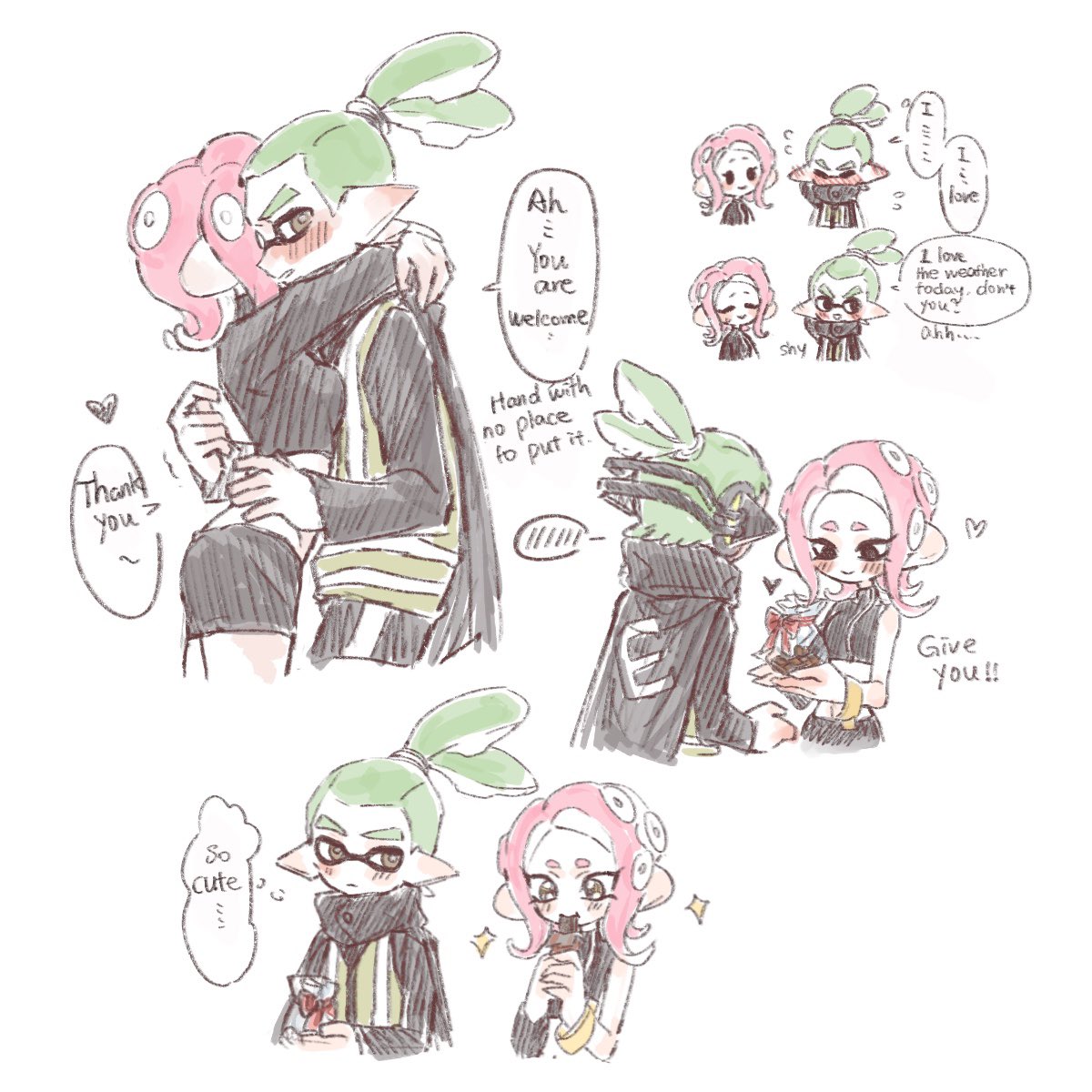 1boy 1girl agent_3_(splatoon) agent_8_(splatoon) black_cape black_skirt blush cape chocolate crop_top ear_blush english_text green_hair grey_eyes headgear high-visibility_vest highres hug inkling inkling_boy inkling_player_character medium_hair miniskirt octoling octoling_girl octoling_player_character pink_hair pointy_ears ponytail short_hair simple_background skirt sparkle speech_bubble splatoon_(series) splatoon_2 splatoon_2:_octo_expansion spoken_blush suction_cups tentacle_hair thenintlichen96 thought_bubble white_background