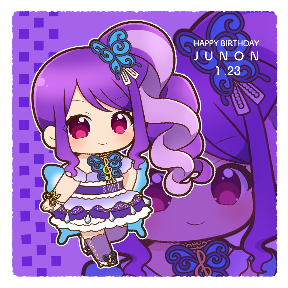 1girl bare_shoulders blue_wings border butterfly_hair_ornament butterfly_wings character_name chibi chii_(chi_pppuri) closed_mouth commentary_request dress full_body hair_ornament happy_birthday idol_clothes insect_wings junon_(pripara) long_hair looking_at_viewer outline pretty_series pripara purple_dress purple_hair purple_thighhighs red_eyes side_ponytail sidelocks smile solo standing standing_on_one_leg swept_bangs thighhighs treble_clef white_border white_outline wings zoom_layer