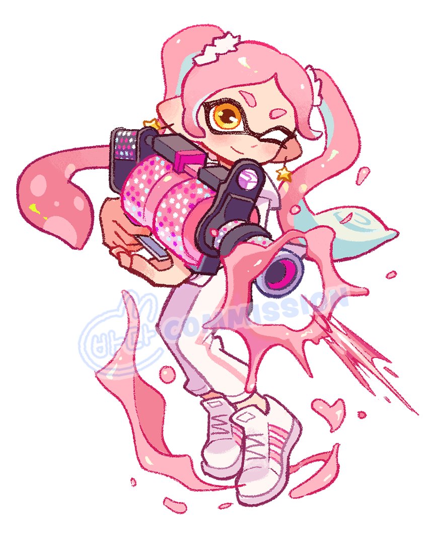 .96_gal_(splatoon) 1girl closed_mouth commission earrings english_commentary full_body gun holding holding_gun holding_weapon inkling inkling_girl inkling_player_character jewelry long_hair one_eye_closed paint pants pink_hair pointy_ears shoes simple_background smile solo splatoon_(series) splatoon_3 standing star_(symbol) star_earrings tentacle_hair thick_eyebrows tokkibada twintails watermark weapon white_background white_footwear white_pants yellow_eyes