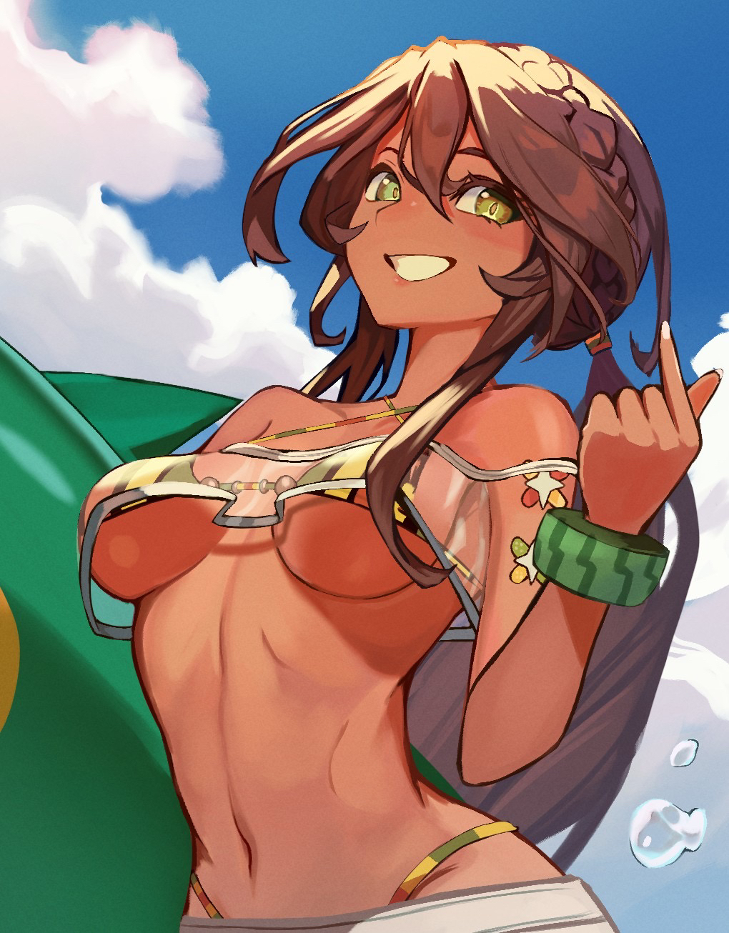 1girl andromeda_(fate) andromeda_(second_ascension)_(fate) bandeau bare_shoulders bikini bikini_under_clothes blue_pants blue_sky blush bracelet braid breasts brown_hair chain cleavage criss-cross_halter crown_braid dark-skinned_female dark_skin denim fate/grand_order fate_(series) genshu_doki green_eyes grin halterneck highleg highleg_bikini highres hydrokinesis inflatable_toy jeans jewelry large_breasts long_hair looking_at_viewer low_ponytail multicolored_bikini multicolored_clothes navel pants rainbow_bikini see-through sidelocks sky smile solo swimsuit water