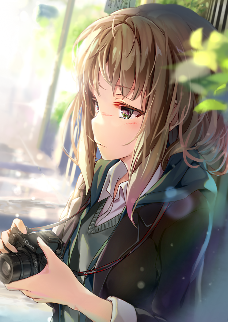 1girl bangs black_jacket blurry blurry_background brown_hair camera canon_(company) chair closed_mouth collared_shirt commentary_request curtains depth_of_field eyebrows_visible_through_hair green_eyes grey_sweater_vest holding holding_camera jacket just_because! komiya_ena leaf lens_flare long_sleeves shiny shirt sidelocks solo standing sweater_vest table upper_body white_shirt window wingheart