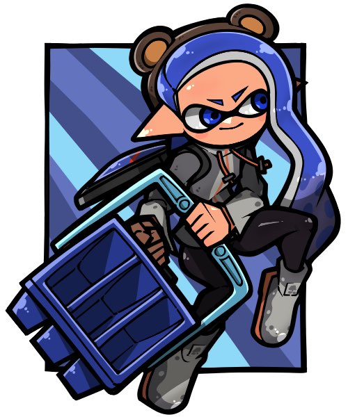 1girl animal_ear_hairband animal_ears bear_ears blue_background blue_eyes blue_hair border brown_hairband closed_mouth commentary_request fake_animal_ears full_body hairband holding holding_weapon ink_tank_(splatoon) inkling inkling_girl inkling_player_character long_hair name_omoitukan2 outside_border pointy_ears simple_background smile solo splatoon_(series) splatoon_3 striped_background tentacle_hair tri-slosher_(splatoon) weapon white_border