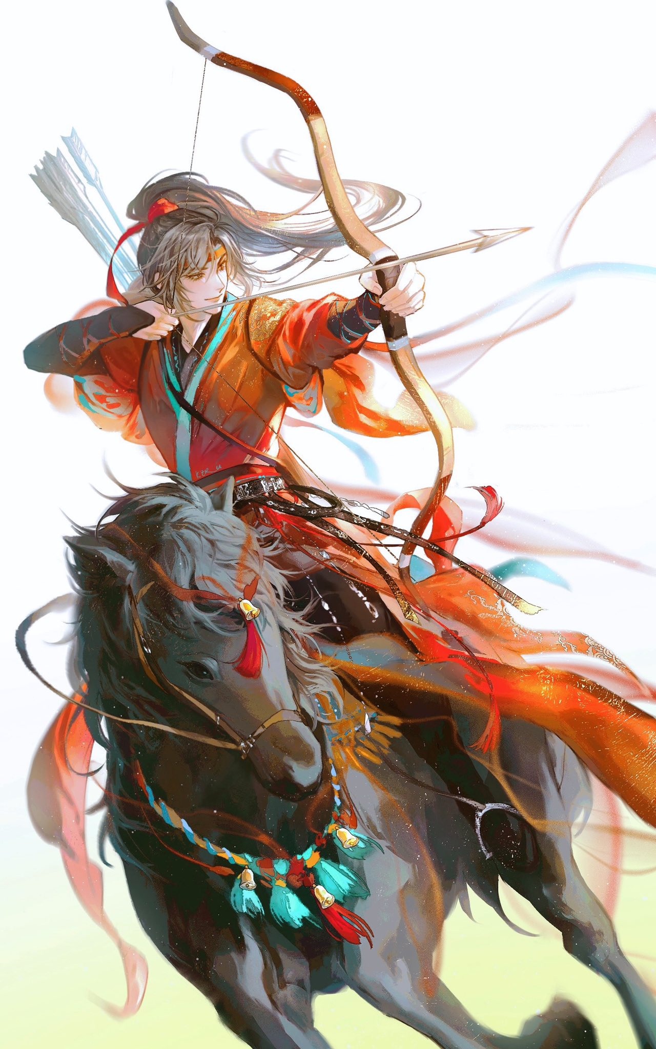 1boy archery arrow_(projectile) artist_name bell belt black_hair blurry bow_(weapon) bridle brown_eyes chinese_clothes chinese_commentary closed_mouth depth_of_field hair_ribbon hanfu headband high_ponytail highres holding holding_bow_(weapon) holding_weapon horse horseback_archery horseback_riding keru233 long_hair long_sleeves looking_to_the_side modao_zushi patterned_clothing quiver red_hanfu red_headband red_ribbon red_sash ribbon riding sash smile solo stirrups_(riding) tassel weapon wei_wuxian white_background