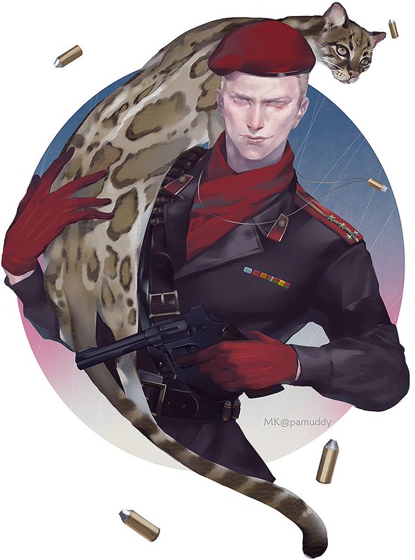 1boy animal artist_name bandolier belt beret bullet gloves gun hat holding holding_animal holding_gun holding_weapon jewelry lapel long_sleeves male_focus metal_gear_(series) metal_gear_solid_3 mugikoma necklace ocelot realistic red_gloves red_headwear revolver revolver_ocelot short_hair solo twitter_username uniform upper_body weapon