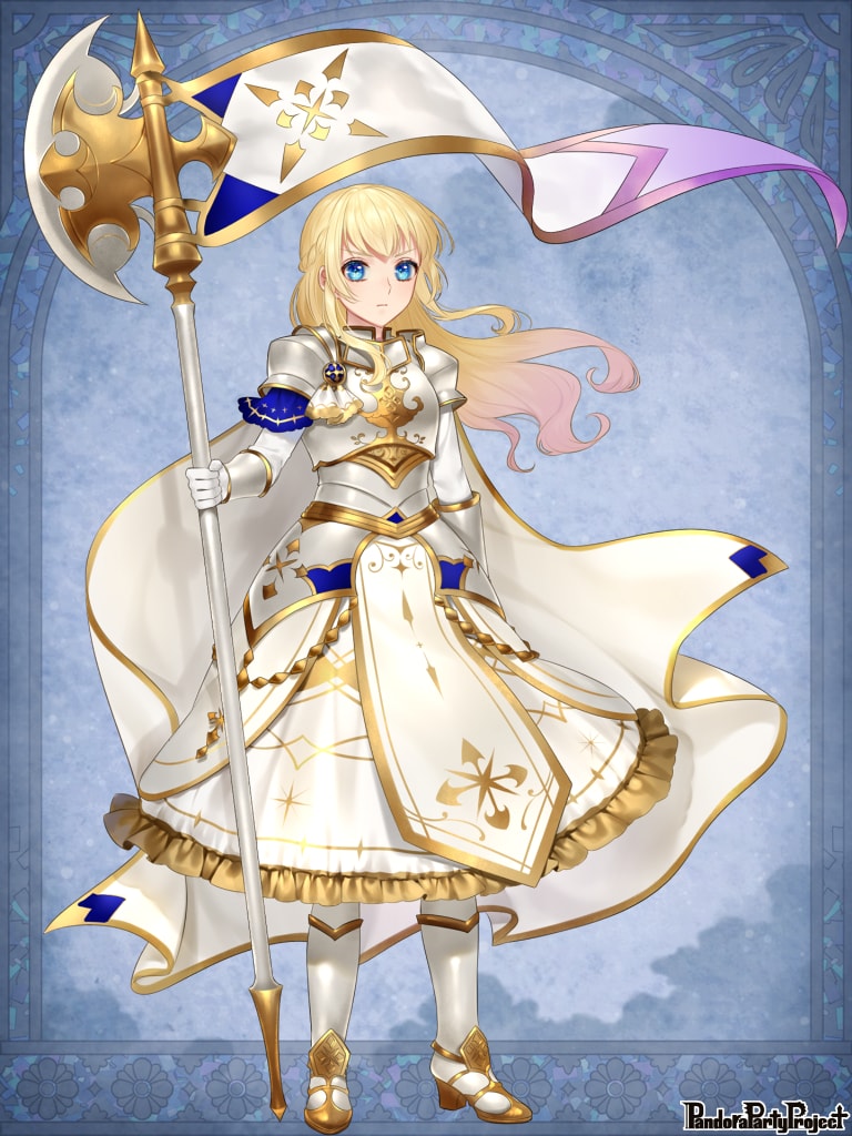 1girl arm_at_side armor armored_boots armored_dress axe battle_axe blonde_hair blue_background blue_eyes boots braid breastplate cape closed_mouth copyright_notice double-parted_bangs dress faulds flag french_braid frilled_dress frills full_body gloves gold_trim gradient_hair holding holding_axe holding_flag long_hair long_sleeves multicolored_hair oriti4 pandora_party_project pauldrons serious shoulder_armor sidelocks solo standing v-shaped_eyebrows vambraces wavy_hair weapon white_cape white_dress white_footwear white_gloves