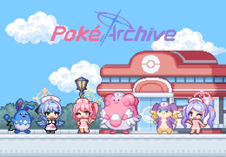 3girls alternate_color audino azumarill blissey blue_archive blue_hair blue_wings commentary crossover day dress hanae_(blue_archive) hat mine_(blue_archive) multiple_girls nurse nurse_cap one_eye_closed open_mouth outdoors pink_dress pink_hair pixel_art pokemon pokemon_(creature) pokemon_center purple_hair redforge serina_(blue_archive) shiny_pokemon sky smile twintails wings