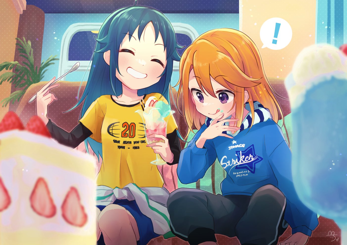 ! 2girls ahoge arm_at_side black_pants black_shirt blue_hoodie blue_shorts blush breasts cake child chobota clenched_teeth closed_eyes closed_mouth clothes_writing collarbone commentary_request couch cup dessert dot_nose eating feet_out_of_frame fern fingernails food food_on_face fruit green_hair green_trim grin hair_between_eyes hand_up hands_up holding holding_cup holding_food holding_ice_cream holding_spoon hood hood_down hoodie ice_cream idolmaster idolmaster_cinderella_girls idolmaster_cinderella_girls_starlight_stage indoors jacket knees_together_feet_apart licking licking_lips long_hair long_sleeves looking_at_food medium_bangs mint_chocolate multiple_girls nanjo_hikaru official_alternate_costume on_couch orange_hair pants plant pocky purple_eyes shirt shirt_under_shirt shorts signature sitting small_breasts smile spoken_exclamation_mark spoon star_(symbol) straight_hair strawberry strawberry_shortcake sweatpants swept_bangs t-shirt teeth tied_jacket tongue tongue_out undershirt vanilla white_jacket yellow_shirt yuuki_haru
