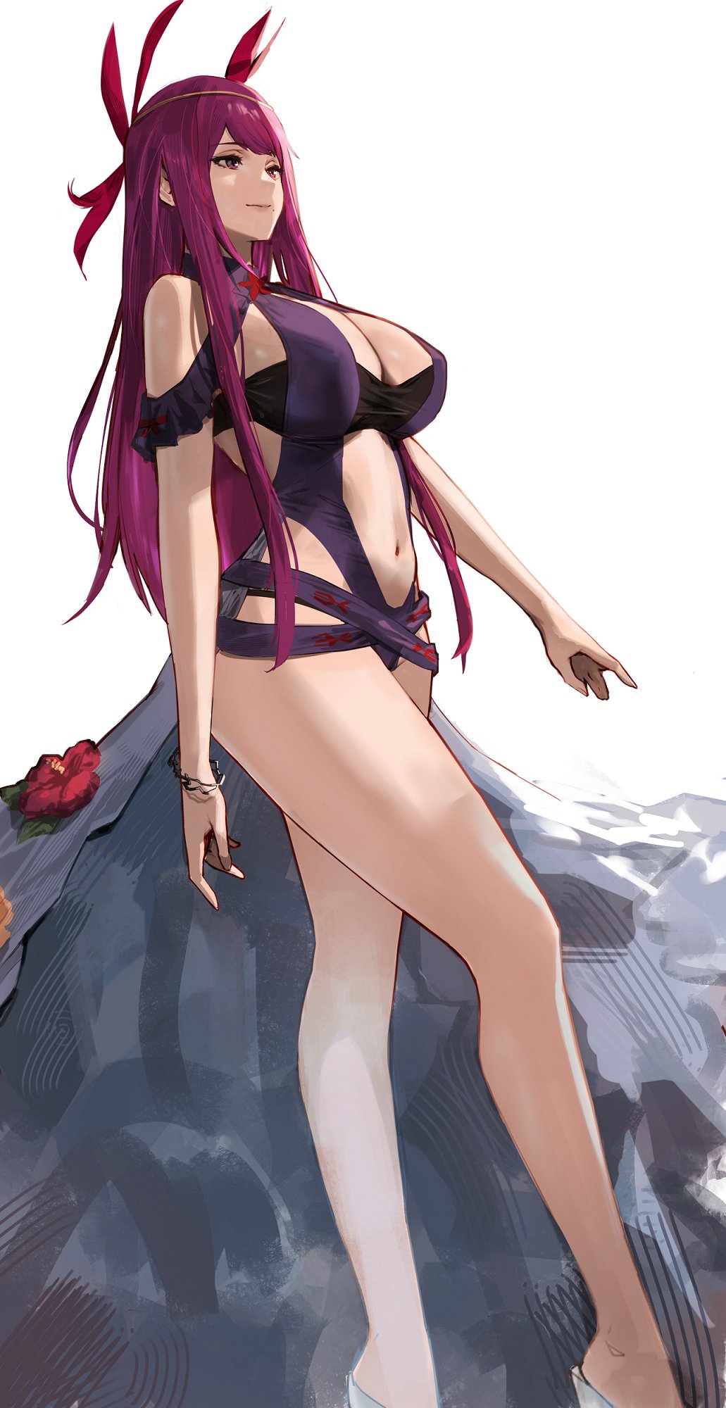 1girl bare_shoulders black_headwear breasts casual_one-piece_swimsuit cleavage clothing_cutout dress dress_swimsuit fire_emblem fire_emblem_engage fire_emblem_heroes highres ivy_(fire_emblem) ivy_(summer)_(fire_emblem) j@ck large_breasts long_hair looking_at_viewer mole mole_under_mouth navel no_headwear official_alternate_costume one-piece_swimsuit purple_eyes purple_hair purple_one-piece_swimsuit solo stomach stomach_cutout swimsuit thighs walking