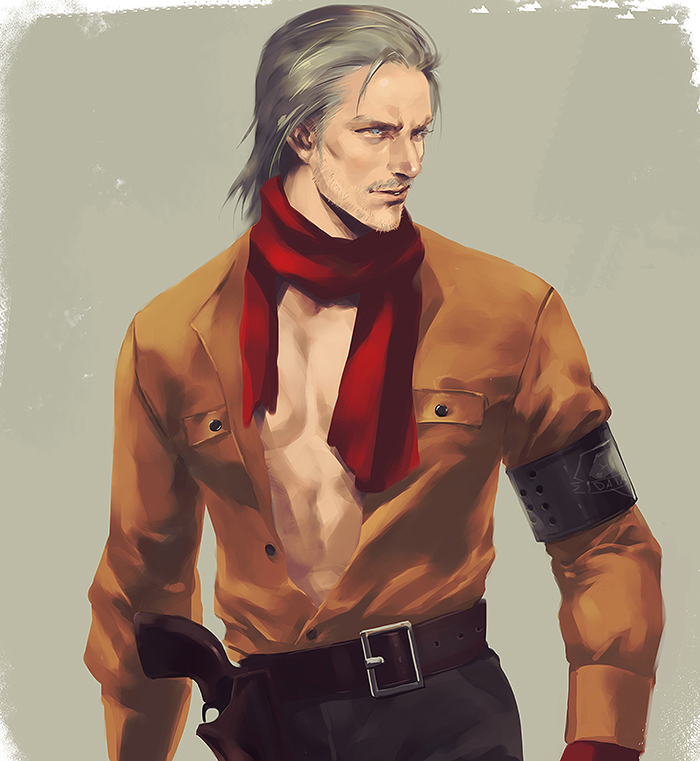 1boy armband beard belt blue_eyes brown_shirt facial_hair gloves grey_hair holster long_sleeves male_focus metal_gear_(series) metal_gear_solid_v mugikoma open_clothes open_shirt parted_lips partially_unbuttoned realistic red_gloves red_scarf revolver revolver_ocelot scarf shirt simple_background smile solo